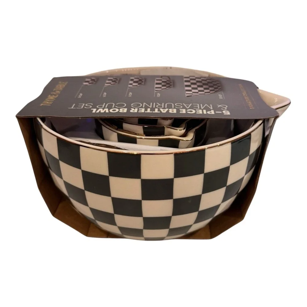 Thyme & Table 5-Piece Ceramic Mixing Bowl and Measuring‎ Set - Black Checkered